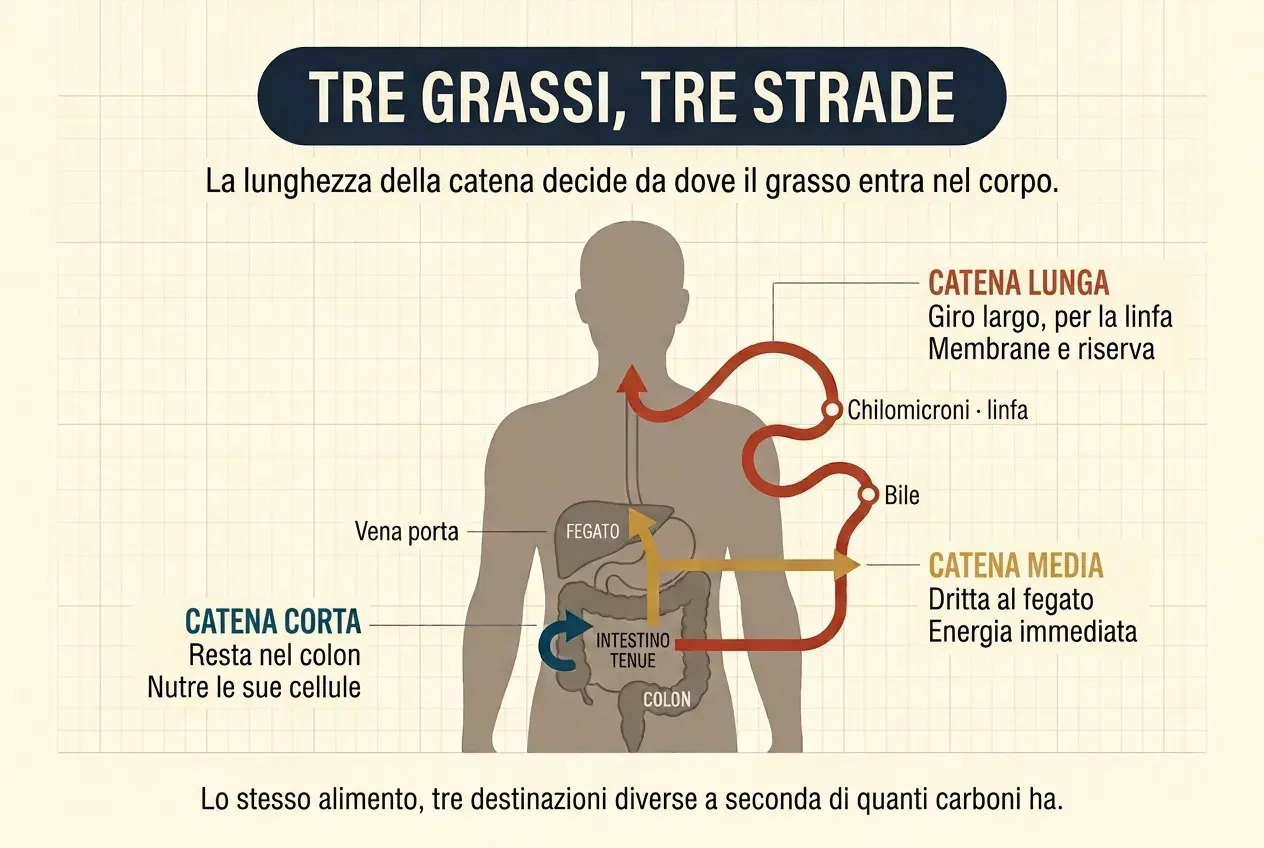 Silhouette umana a mezzo busto su fondo crema, con il fegato, l'intestino tenue e il colon disegnati nell'addome. Tre frecce colorate segnano tre percorsi: una blu che gira sul colon stesso e non ne esce mai, con l'etichetta «catena corta»; una ocra dritta che sale dall'intestino tenue al fegato attraverso la vena porta, con l'etichetta «catena media»; e una rossa, lunga e sinuosa, che esce dall'intestino, aggira il torso passando prima per la bile e poi per i chilomicroni e la linfa, e sbocca alla base del collo, con l'etichetta «catena lunga».
