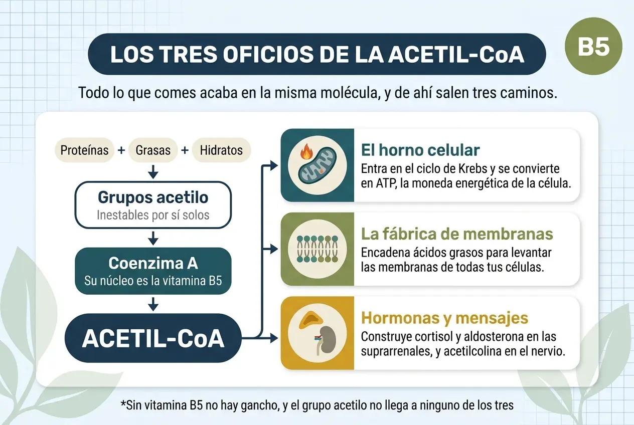 Diagrama titulado «Los tres oficios de la acetil-CoA», con el subtítulo «Todo lo que comes acaba en la misma molécula, y de ahí salen tres caminos». A la izquierda, una cadena descendente: las proteínas, las grasas y los hidratos se suman y dan grupos acetilo, inestables por sí solos; estos pasan a la coenzima A, cuyo núcleo es la vitamina B5, y de ahí a la acetil-CoA. De ella salen tres flechas hacia tres tarjetas. El horno celular: entra en el ciclo de Krebs y se convierte en ATP, la moneda energética de la célula. La fábrica de membranas: encadena ácidos grasos para levantar las membranas de todas tus células. Hormonas y mensajes: construye cortisol y aldosterona en las suprarrenales, y acetilcolina en el nervio. Al pie: sin vitamina B5 no hay gancho, y el grupo acetilo no llega a ninguno de los tres.