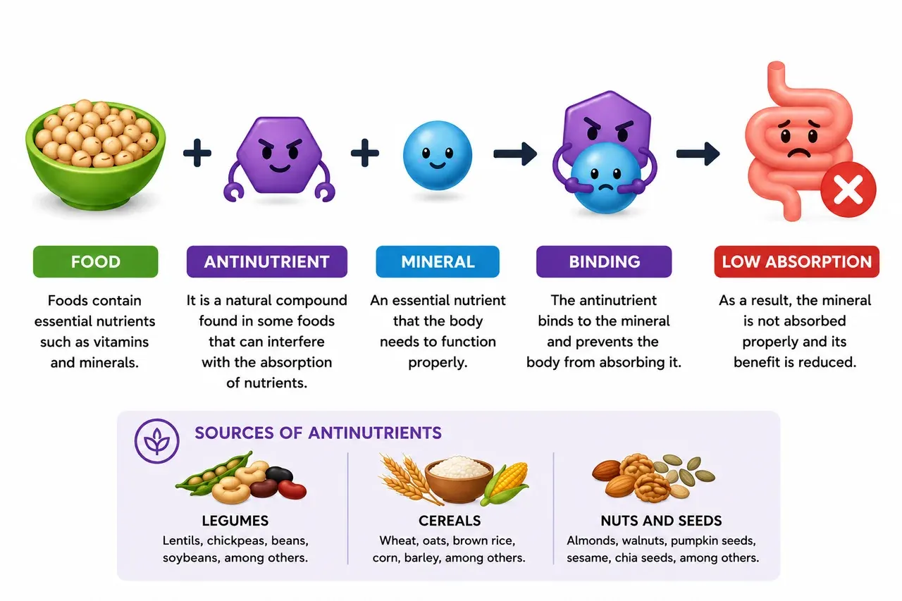 A five-step sequence. Foods contain essential nutrients such as vitamins and minerals. An antinutrient is a natural compound found in some foods that can interfere with nutrient absorption. A mineral is an essential nutrient the body needs to function properly. The antinutrient binds to the mineral and prevents the body from absorbing it. As a result, absorption is low: the mineral is not taken up and its benefit is reduced. At the foot, the sources of antinutrients: legumes, cereals, and nuts and seeds.