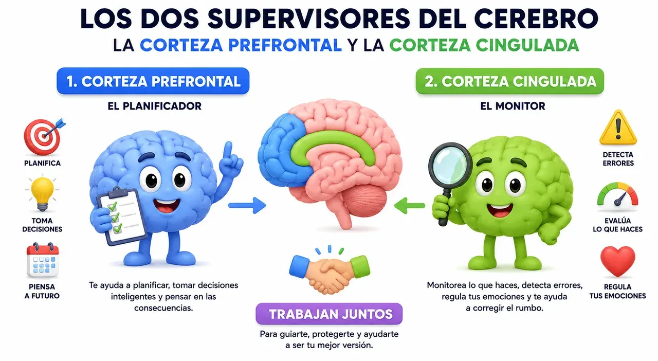 Infografía con los dos supervisores del cerebro. A la izquierda, la corteza prefrontal, «el planificador»: planifica, toma decisiones y piensa a futuro; te ayuda a planificar, tomar decisiones inteligentes y pensar en las consecuencias. A la derecha, la corteza cingulada, «el monitor»: detecta errores, evalúa lo que haces y regula tus emociones. En el centro, un cerebro con ambas áreas coloreadas: trabajan juntas para guiarte, protegerte y ayudarte a ser tu mejor versión.