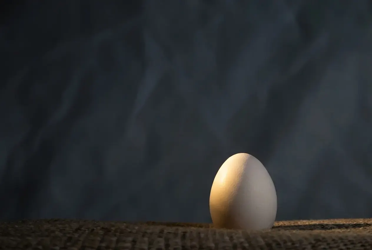 A white egg standing upright on burlap cloth, lit from the side by a warm light, against a dark bluish background.