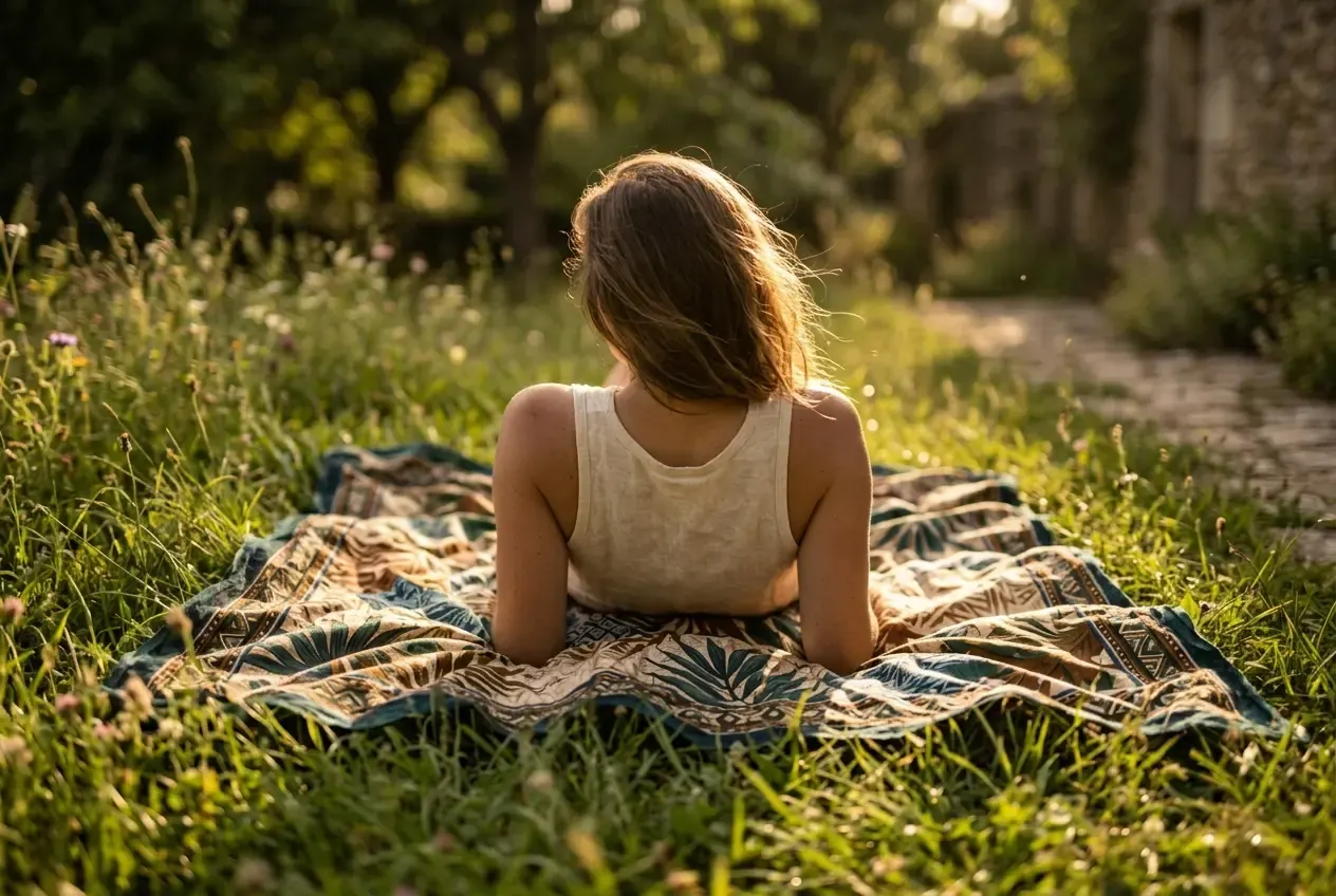A woman seen from behind, lying on a patterned blanket in the grass of a garden, with the low afternoon sun backlighting her hair and shoulders.