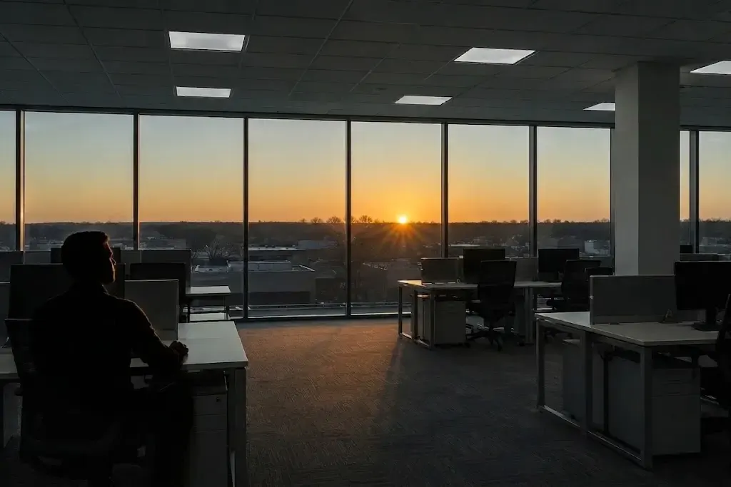 An open-plan office at dusk, the ceiling LED panels lit; in the foreground, the backlit silhouette of a person at their desk looking up towards the sun setting beyond the glass wall.