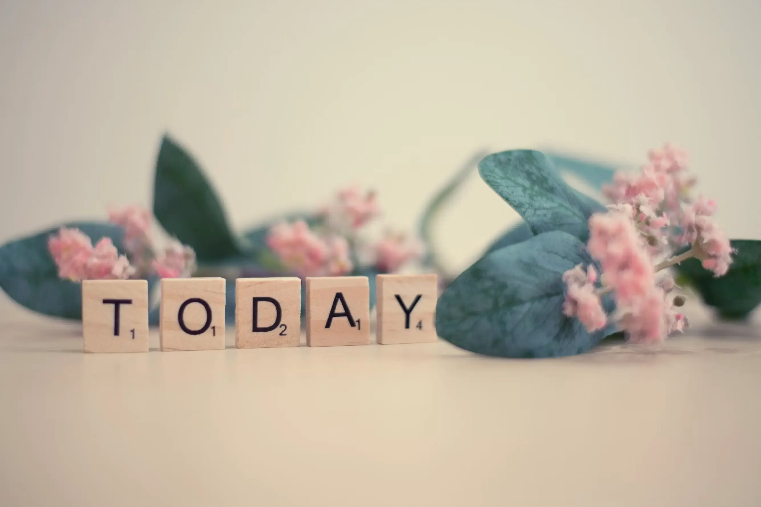 Wooden letter tiles spelling «TODAY» on a pale surface; behind them, out of focus, sprigs of pink flowers and blue-green leaves.