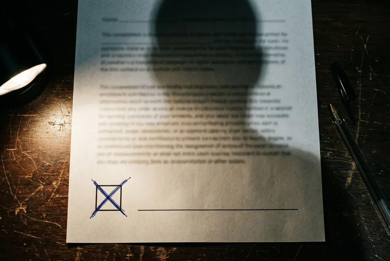 Overhead close-up of a consent form on a dark wooden desk lit by a single lamp: the acceptance checkbox is marked with a large blue ballpoint cross, the signature line is still blank, and the shadow of a human figure falls across the text from above.