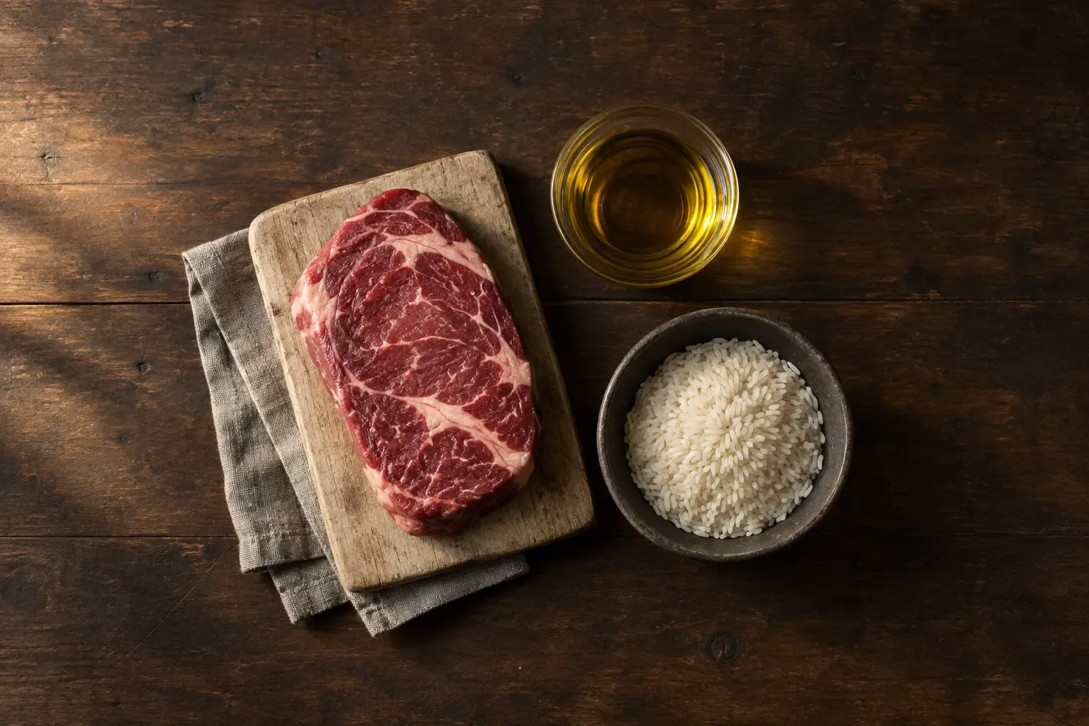 Overhead view of a dark, worn wooden table: a raw, heavily marbled beef steak resting on a pale wooden board over a grey linen cloth; to its right, a glass bowl of golden olive oil and a dark ceramic bowl filled with uncooked white rice.