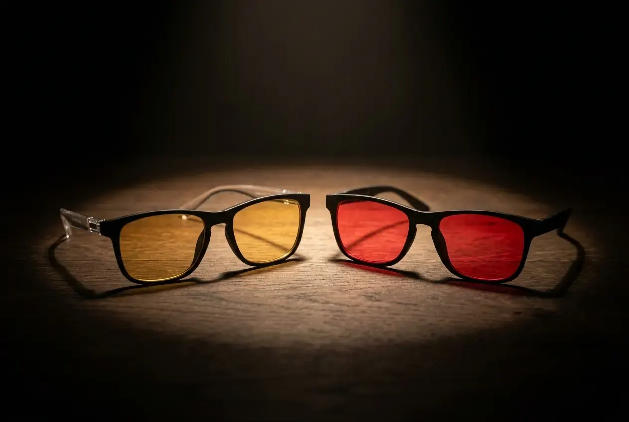 Two pairs of glasses resting on a wooden table in a darkened room, lit by a single overhead spotlight: on the left, a yellow-lens pair with clear temples; on the right, a red-lens pair with a black frame. Both cast their shadow across the grain of the wood.
