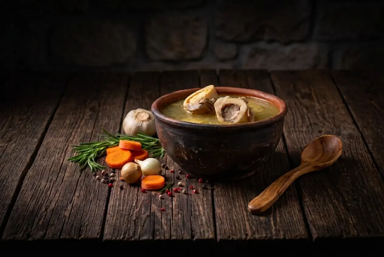 A clay bowl of golden bone broth holding two cut marrow bones, on a dark, weathered wooden table. Beside it, a head of garlic, rosemary, carrot slices, two small onions and peppercorns; on the right, an olive-wood spoon, and in the background, a stone wall in shadow.
