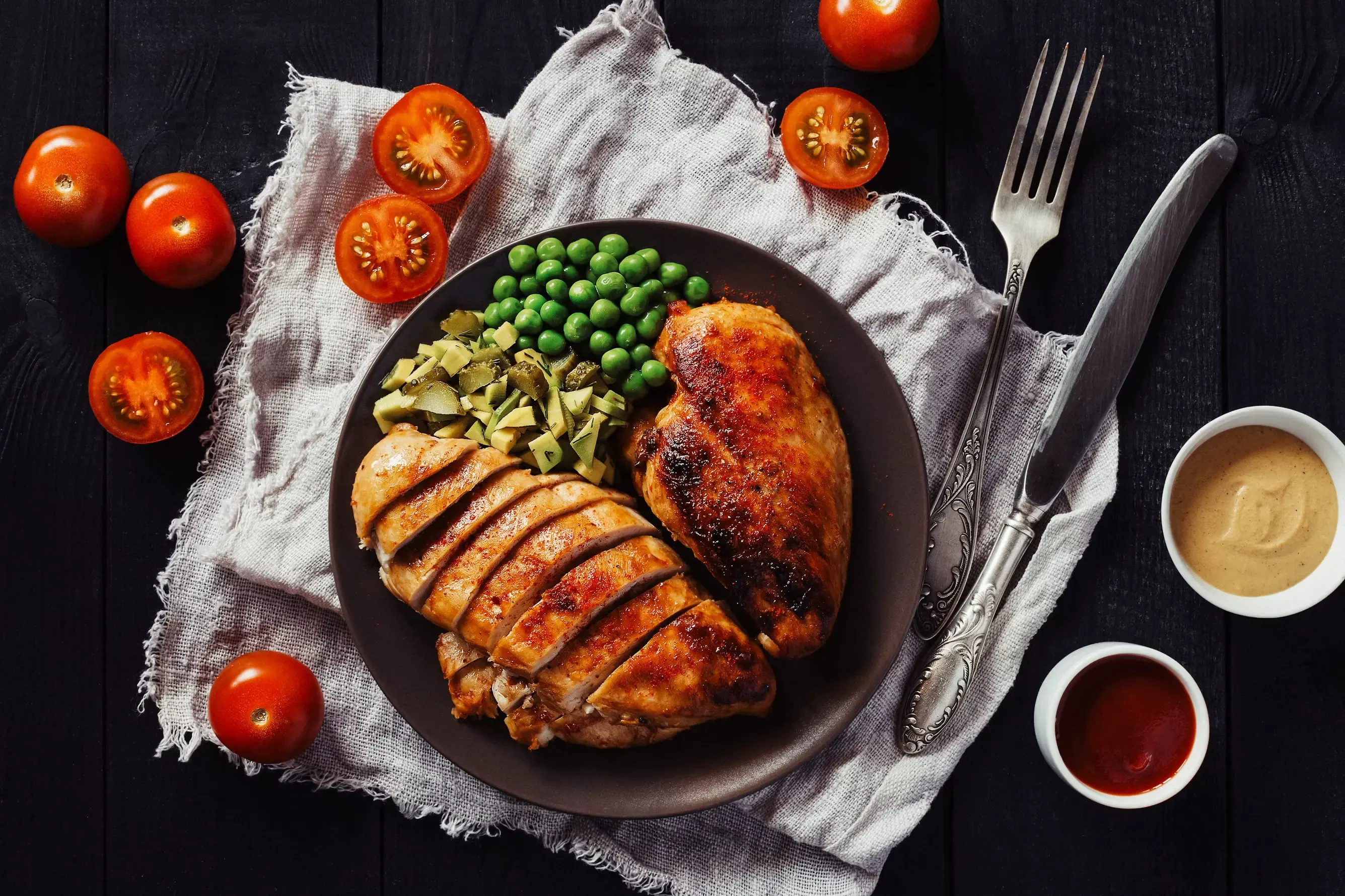 Overhead view of a dark plate on a grey linen cloth and a black wooden table: two roasted chicken breasts, one of them sliced, served with peas and diced pickles. Around them, whole and halved tomatoes, an engraved silver knife and fork, and two white bowls holding a creamy sauce and a tomato sauce.