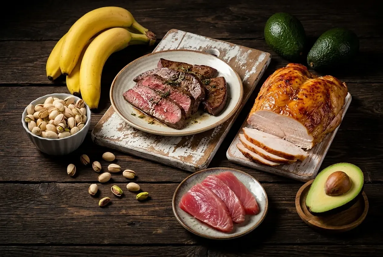 Still life on a dark, rustic wooden table with the foods richest in vitamin B6: a bunch of bananas, a bowl of pistachios with a few scattered across the table, a plate of sautéed calf's liver slices seasoned with thyme, a roast turkey breast carved on a board, two whole avocados and half an avocado with its stone, and a plate of raw tuna loins.