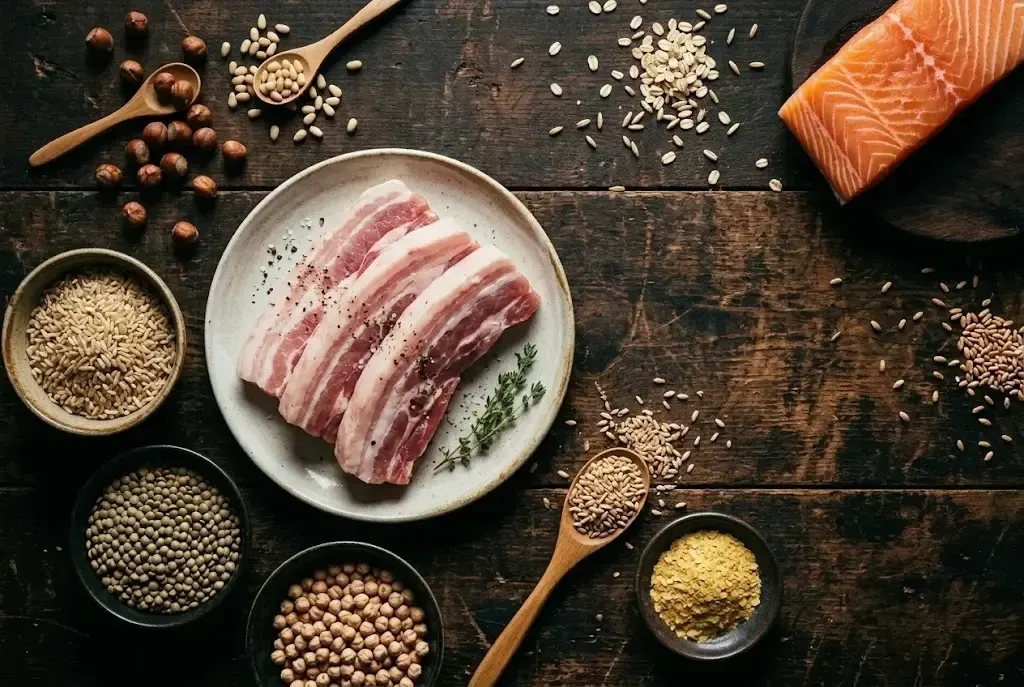 Overhead view of a dark wooden table laid with thiamine-rich foods: two raw pork chops on a ceramic plate at the centre, bowls of brown rice, lentils and chickpeas, hazelnuts and pine nuts in wooden spoons, scattered wheat and oat grains, brewer's yeast flakes and a salmon fillet.
