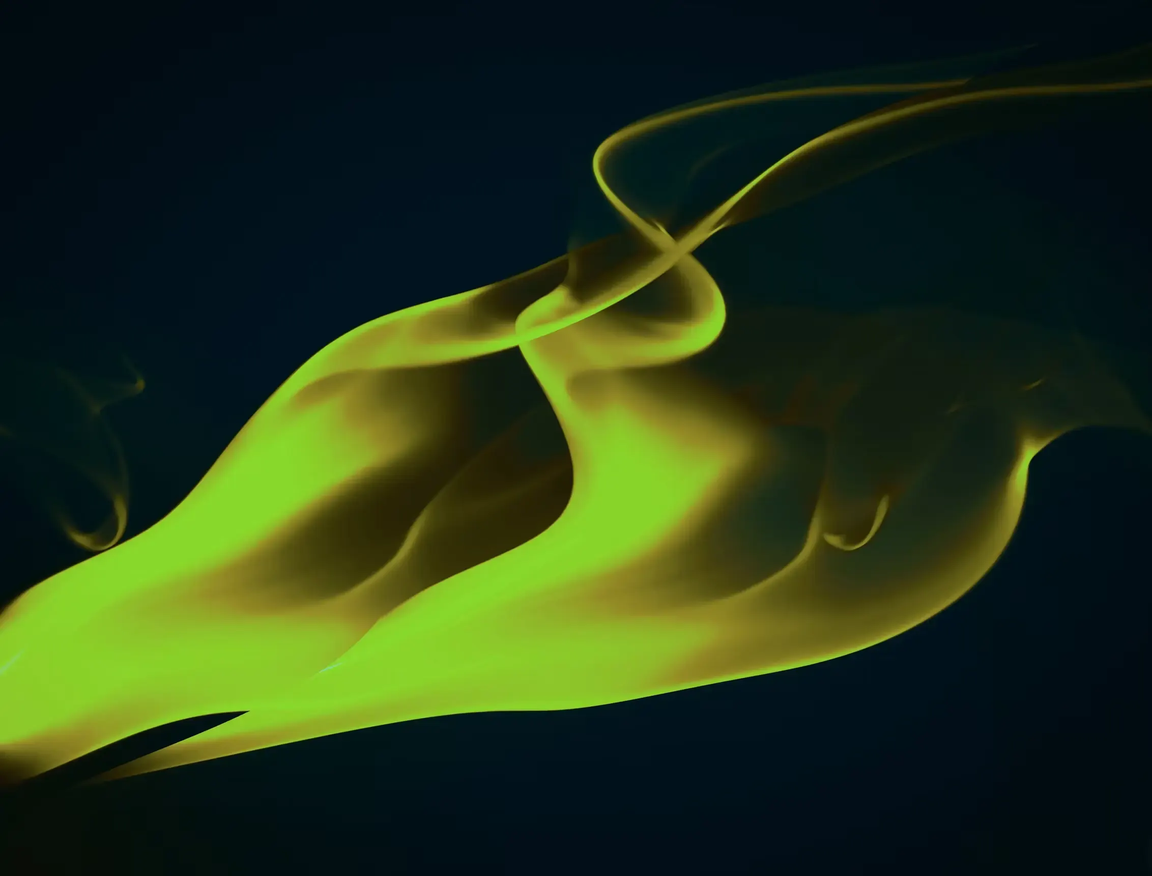 A swirl of fluorescent yellow-green unfurling against a near-black background, its edges glowing and fine threads curling at the top, like a pigment dissolved in water under ultraviolet light.