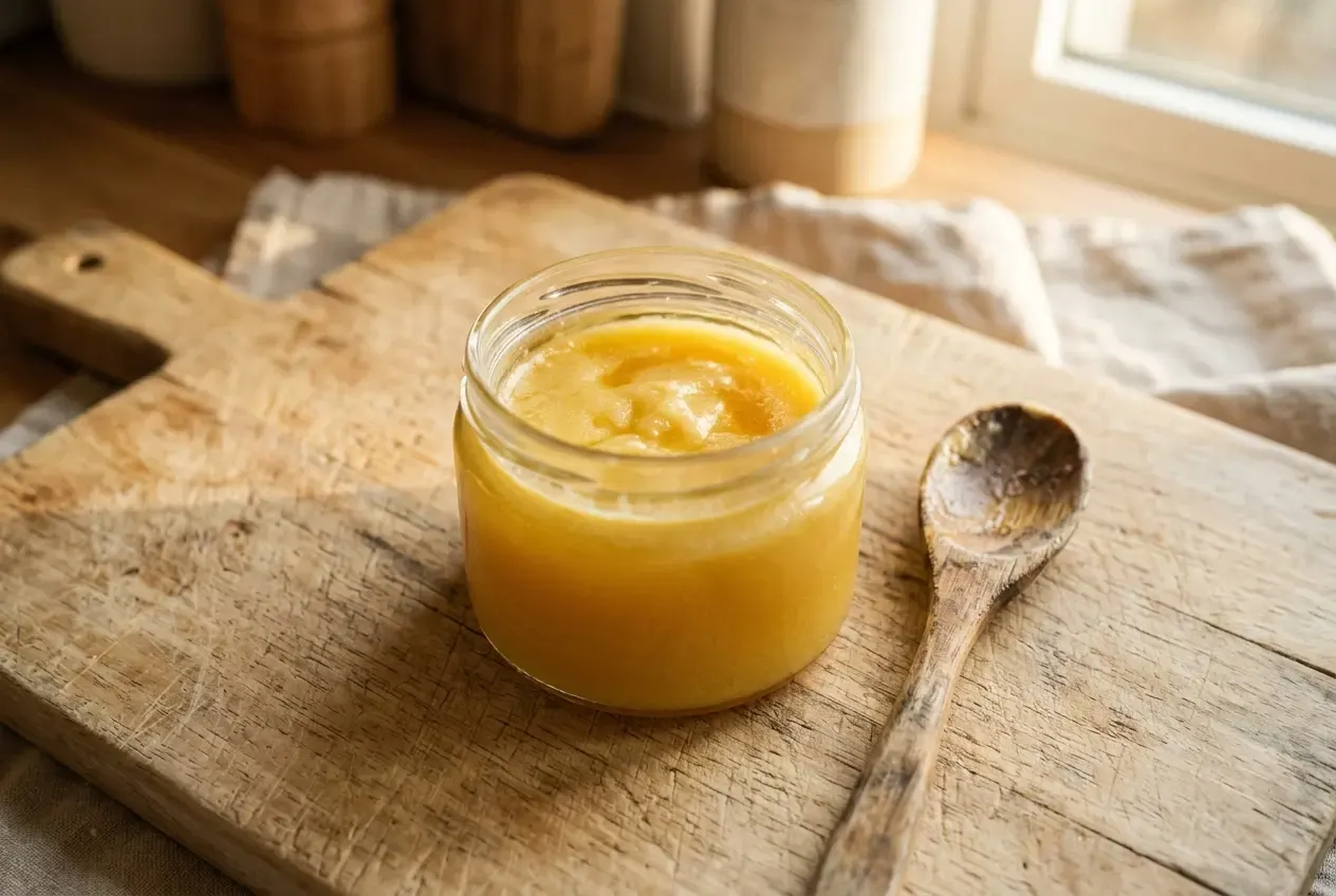 An open glass jar of golden ghee beside a wooden spoon, on a worn light-wood cutting board, with warm afternoon light coming through a window.