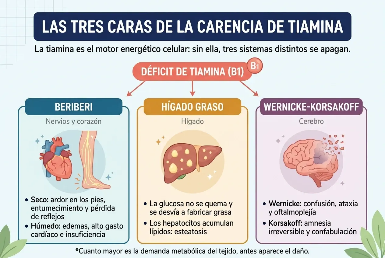 Esquema titulado «Las tres caras de la carencia de tiamina». De un nodo central, «Déficit de tiamina (B1)», salen tres flechas hacia tres columnas. Beriberi, que afecta a nervios y corazón: en su forma seca provoca ardor en los pies, entumecimiento y pérdida de reflejos; en la húmeda, edemas, alto gasto cardíaco e insuficiencia. Hígado graso, que afecta al hígado: la glucosa no se quema y se desvía a fabricar grasa, y los hepatocitos acumulan lípidos hasta la esteatosis. Wernicke-Korsakoff, que afecta al cerebro: la encefalopatía de Wernicke cursa con confusión, ataxia y oftalmoplejía, y el síndrome de Korsakoff con amnesia irreversible y confabulación. Al pie: cuanto mayor es la demanda metabólica del tejido, antes aparece el daño.