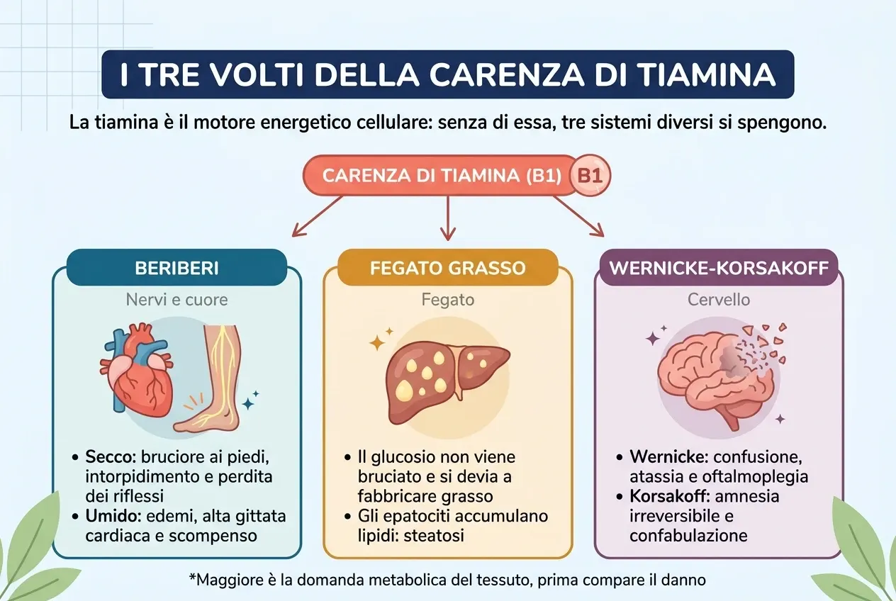 Schema intitolato «I tre volti della carenza di tiamina». Da un nodo centrale, «Carenza di tiamina (B1)», partono tre frecce verso tre colonne. Beriberi, che colpisce nervi e cuore: nella forma secca provoca bruciore ai piedi, intorpidimento e perdita dei riflessi; in quella umida, edemi, alta gittata cardiaca e scompenso. Fegato grasso, che colpisce il fegato: il glucosio non viene bruciato e si devia a fabbricare grasso, e gli epatociti accumulano lipidi fino alla steatosi. Wernicke-Korsakoff, che colpisce il cervello: l'encefalopatia di Wernicke porta confusione, atassia e oftalmoplegia, e la sindrome di Korsakoff amnesia irreversibile e confabulazione. In calce: maggiore è la domanda metabolica del tessuto, prima compare il danno.
