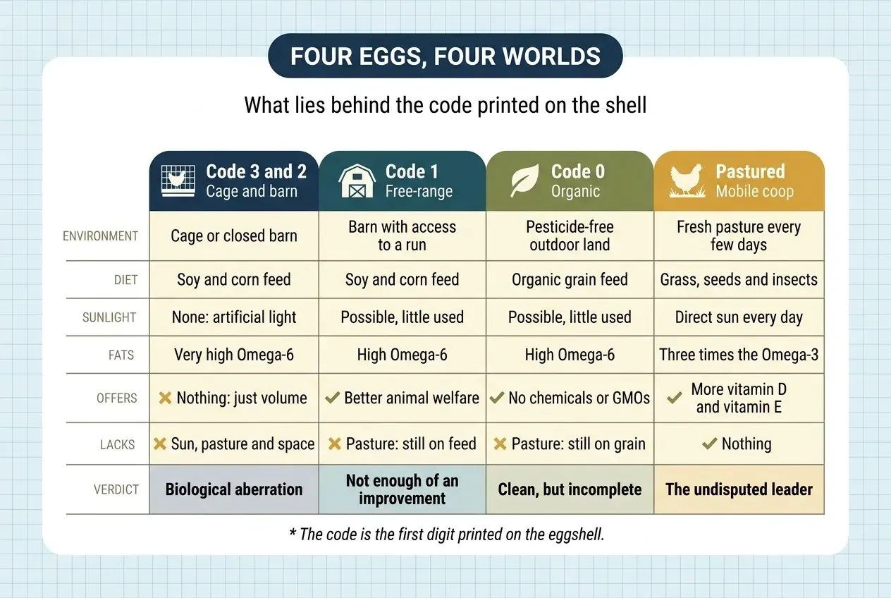 Comparison table titled «Four eggs, four worlds: what lies behind the code printed on the shell», with four columns. Code 3 and 2, cage and barn: cage or closed barn; soy and corn feed; no sunlight, only artificial light; very high Omega-6; offers nothing, just volume; lacks sun, pasture and space; verdict: biological aberration. Code 1, free-range: barn with access to a run; soy and corn feed; sunlight possible but little used; high Omega-6; offers better animal welfare; lacks pasture, still on feed; verdict: not enough of an improvement. Code 0, organic: pesticide-free outdoor land; organic grain feed; sunlight possible but little used; high Omega-6; offers no chemicals or GMOs; lacks pasture, still on grain; verdict: clean, but incomplete. Pastured, mobile coop: fresh pasture every few days; grass, seeds and insects; direct sun every day; three times the Omega-3; offers more vitamin D and vitamin E; lacks nothing; verdict: the undisputed leader. Footnote: the code is the first digit printed on the eggshell.