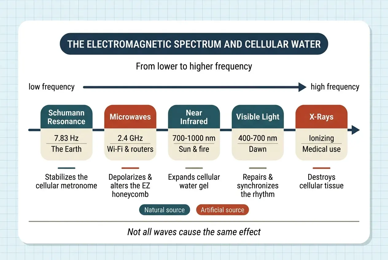 A diagram of the electromagnetic spectrum ordered from lowest to highest frequency, with five bands and their effect on cellular water. Schumann resonance, 7.83 Hz, the Earth: stabilizes the cellular metronome. Microwaves, 2.4 GHz, Wi-Fi and routers: depolarize and disturb the EZ honeycomb. Near infrared, 700-1000 nm, sun and fire: expands the cellular water gel. Visible light, 400-700 nm, sunrise: repairs and synchronizes the rhythm. X-rays, ionizing radiation in medical use: destroy cellular tissue. Natural sources are shown in one color and artificial ones in another.