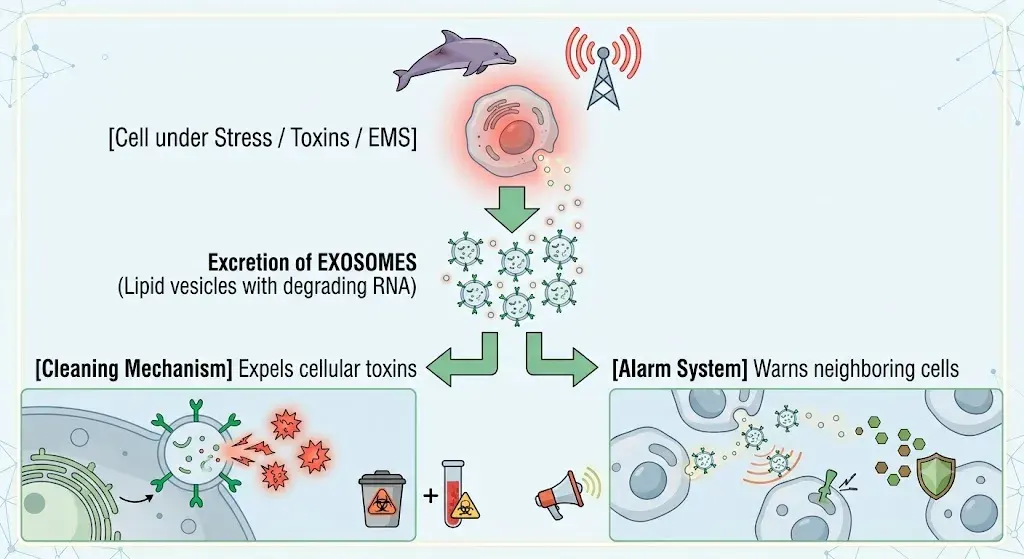Diagram of the exosome excretion system. At the top, a cell under stress from toxins or electromagnetic fields —symbolized by a stranded dolphin and a transmitting antenna— releases exosomes: lipid vesicles carrying degraded RNA. Two arrows branch out from there: on the left, the cleaning mechanism, which expels cellular toxins; on the right, the alarm system, which warns neighbouring cells to activate their defences.