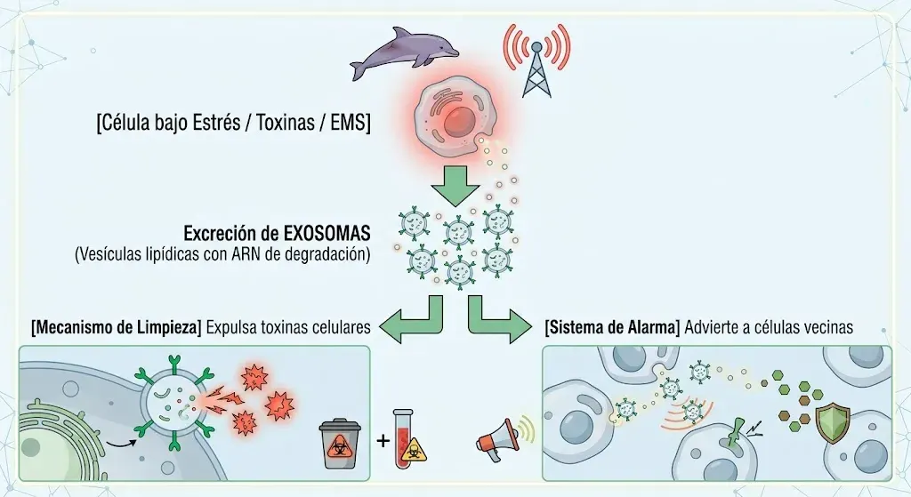 Diagrama del sistema de excreción de exosomas. Arriba, una célula bajo estrés por toxinas o campos electromagnéticos —simbolizados por un delfín varado y una antena emisora— libera exosomas: vesículas lipídicas con ARN de degradación. De ahí parten dos flechas: a la izquierda, el mecanismo de limpieza, que expulsa toxinas celulares; a la derecha, el sistema de alarma, que advierte a las células vecinas para que activen sus defensas.