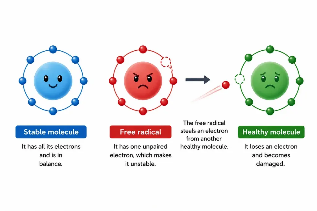 Three molecules compared. A stable molecule, in blue, with all its electrons paired and in balance. A free radical, in red, with one unpaired electron that makes it unstable. And a healthy molecule, in green, which loses an electron to the free radical and becomes damaged.