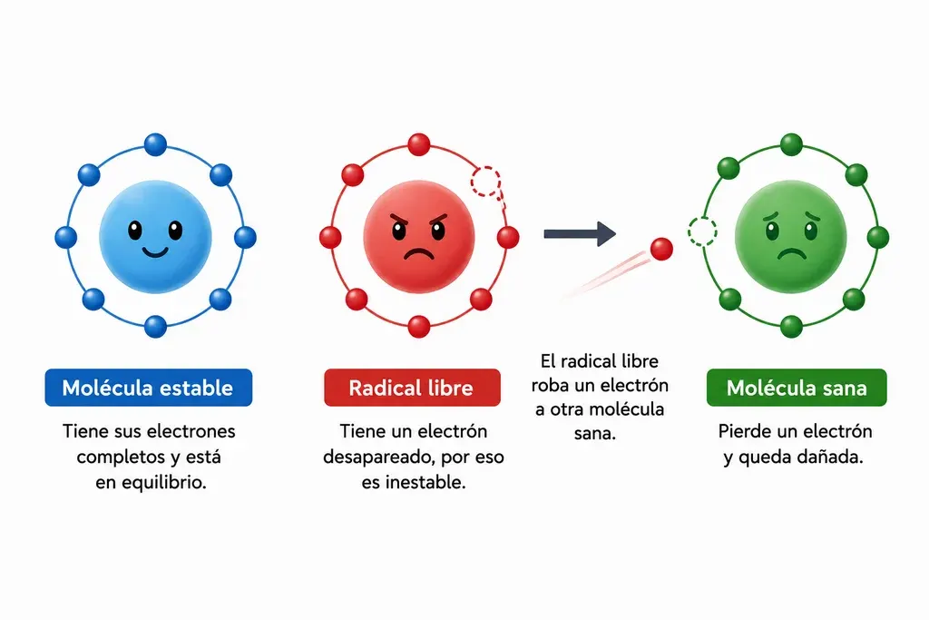 Tres moléculas comparadas. Una molécula estable, en azul, con todos sus electrones emparejados y en equilibrio. Un radical libre, en rojo, con un electrón desapareado que lo vuelve inestable. Y una molécula sana, en verde, a la que el radical libre roba un electrón y queda dañada.