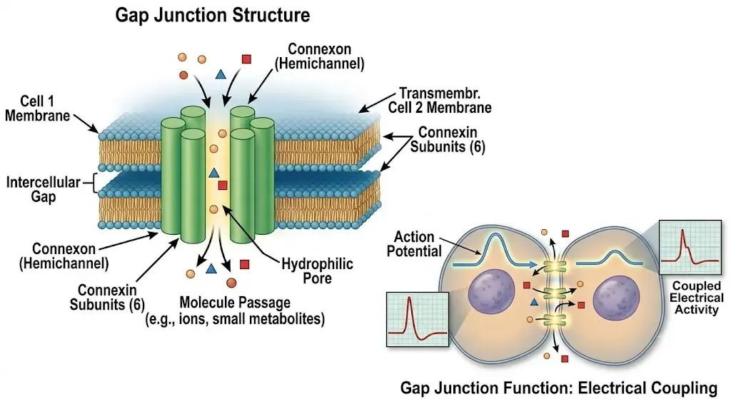 Diagram of a gap junction: two facing cell membranes joined by connexons made of six connexin subunits, with a central hydrophilic pore through which ions and small metabolites pass. On the right, two electrically coupled cells propagate an action potential through those junctions.