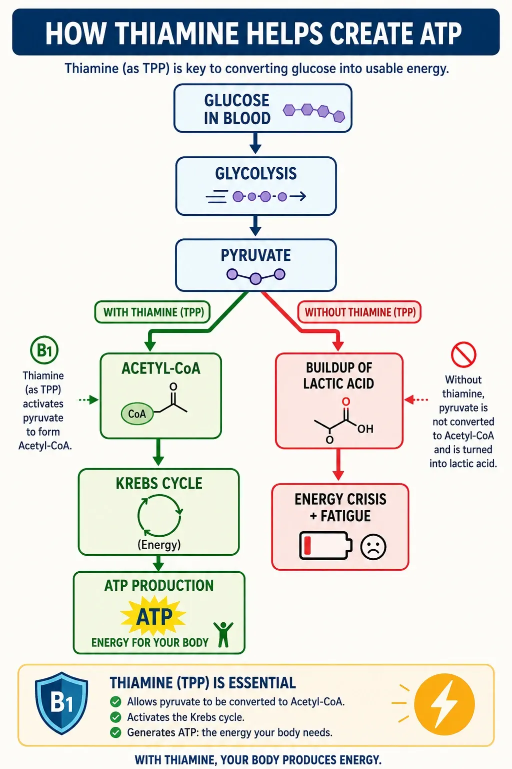 Flow chart titled «How thiamine helps create ATP». Glucose in the blood passes through glycolysis and produces pyruvate. There the path forks. With thiamine (TPP), in green: pyruvate becomes acetyl-CoA, enters the Krebs cycle and ends in ATP production, the energy for your body. Without thiamine (TPP), in red: pyruvate is not converted to acetyl-CoA, lactic acid builds up and the result is an energy crisis and fatigue. A closing box sums up that thiamine allows pyruvate to be converted to acetyl-CoA, activates the Krebs cycle and generates ATP.