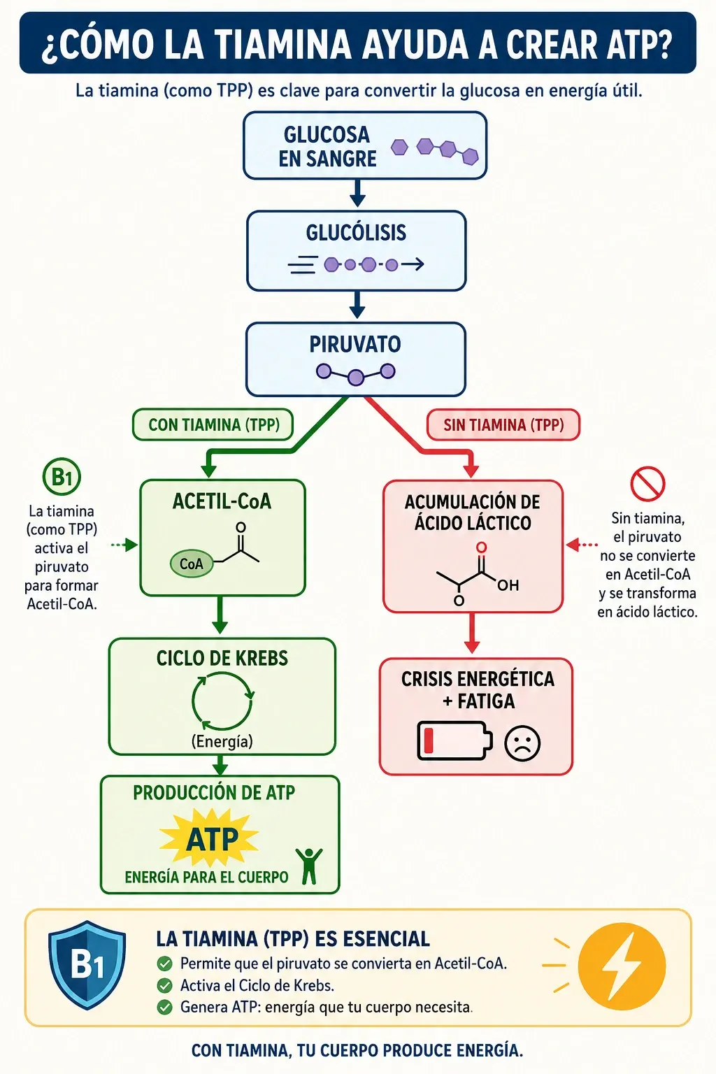 Diagrama de flujo titulado «¿Cómo la tiamina ayuda a crear ATP?». La glucosa en sangre pasa por la glucólisis y produce piruvato. Ahí el camino se bifurca. Con tiamina (TPP), en verde: el piruvato se convierte en acetil-CoA, entra en el ciclo de Krebs y termina en producción de ATP, la energía para el cuerpo. Sin tiamina (TPP), en rojo: el piruvato no se convierte en acetil-CoA, se acumula ácido láctico y el resultado es una crisis energética y fatiga. Un recuadro final resume que la tiamina permite que el piruvato se convierta en acetil-CoA, activa el ciclo de Krebs y genera ATP.