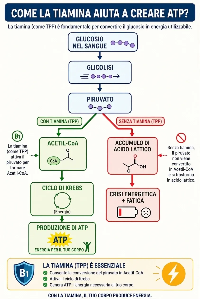 Diagramma di flusso intitolato «Come la tiamina aiuta a creare ATP?». Il glucosio nel sangue attraversa la glicolisi e produce piruvato. Lì il percorso si biforca. Con tiamina (TPP), in verde: il piruvato diventa acetil-CoA, entra nel ciclo di Krebs e si conclude con la produzione di ATP, l'energia per il corpo. Senza tiamina (TPP), in rosso: il piruvato non viene convertito in acetil-CoA, si accumula acido lattico e il risultato è una crisi energetica e fatica. Un riquadro finale riassume che la tiamina consente la conversione del piruvato in acetil-CoA, attiva il ciclo di Krebs e genera ATP.