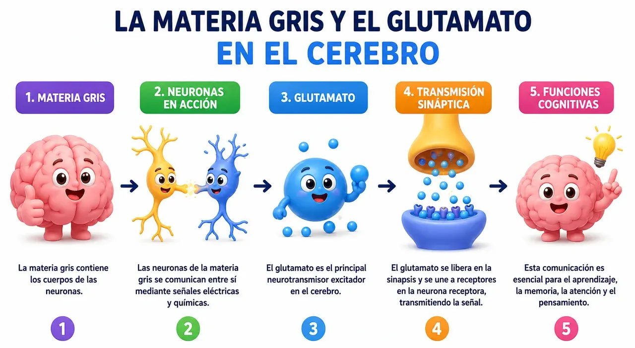 Secuencia en cinco pasos. Uno: la materia gris contiene los cuerpos de las neuronas. Dos: las neuronas de la materia gris se comunican entre sí mediante señales eléctricas y químicas. Tres: el glutamato es el principal neurotransmisor excitador del cerebro. Cuatro: el glutamato se libera en la sinapsis y se une a los receptores de la neurona receptora, transmitiendo la señal. Cinco: esta comunicación es esencial para el aprendizaje, la memoria, la atención y el pensamiento.