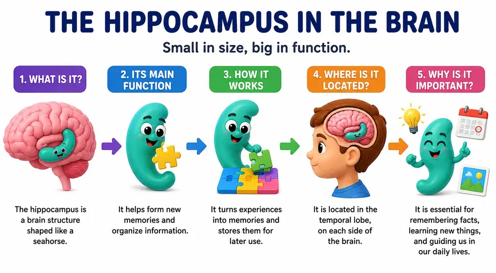 Five-step infographic titled «The hippocampus in the brain: small in size, big in function». One, what is it: the hippocampus is a brain structure shaped like a seahorse. Two, its main function: it helps form new memories and organize information. Three, how it works: it turns experiences into memories and stores them for later use. Four, where is it located: it is located in the temporal lobe, on each side of the brain. Five, why is it important: it is essential for remembering facts, learning new things, and guiding us in our daily lives.