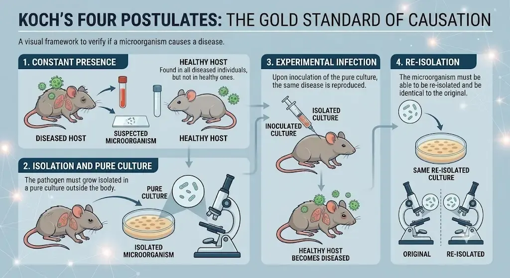 Visual scheme of Koch's four postulates. 1. Constant presence: the suspected microorganism is found in the diseased host but not in the healthy one. 2. Isolation and pure culture: the pathogen must grow isolated in a pure culture outside the body, observable under the microscope. 3. Experimental infection: when the pure culture is inoculated into a healthy host, that host becomes ill and reproduces the same disease. 4. Re-isolation: the microorganism must be re-isolated from the newly diseased host and prove identical to the original.