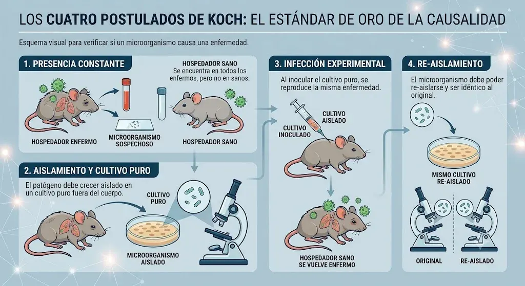 Esquema visual de los cuatro postulados de Koch. 1. Presencia constante: el microorganismo sospechoso se encuentra en el hospedador enfermo pero no en el sano. 2. Aislamiento y cultivo puro: el patógeno debe crecer aislado en un cultivo puro fuera del cuerpo, observable al microscopio. 3. Infección experimental: al inocular el cultivo puro en un hospedador sano, este se vuelve enfermo y reproduce la misma enfermedad. 4. Re-aislamiento: el microorganismo debe poder re-aislarse del nuevo enfermo y resultar idéntico al original.
