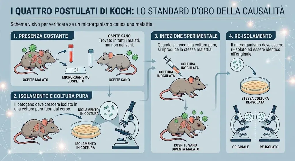 Schema visivo dei quattro postulati di Koch. 1. Presenza costante: il microrganismo sospetto si trova nell'ospite malato ma non in quello sano. 2. Isolamento e coltura pura: il patogeno deve crescere isolato in una coltura pura fuori dal corpo, osservabile al microscopio. 3. Infezione sperimentale: inoculando la coltura pura in un ospite sano, questo si ammala e riproduce la stessa malattia. 4. Re-isolamento: il microrganismo deve poter essere re-isolato dal nuovo malato e risultare identico all'originale.