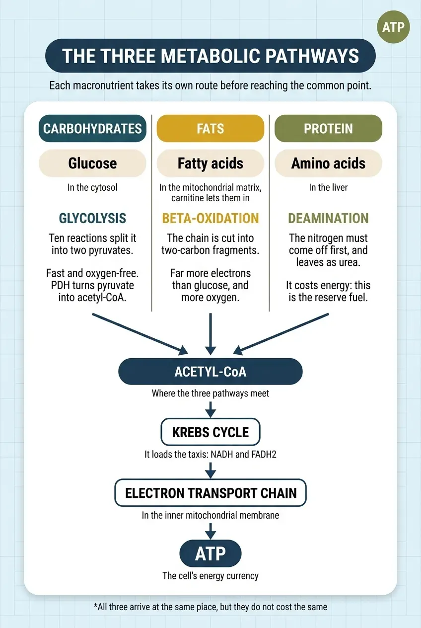 Vertical infographic titled “The three metabolic pathways”, with the subtitle “Each macronutrient takes its own route before reaching the common point”. Three parallel columns. Carbohydrates: broken down into glucose, in the cytosol, along the glycolysis pathway; ten reactions split it into two pyruvates, it is fast and needs no oxygen, and PDH turns the pyruvate into acetyl-CoA. Fats: broken down into fatty acids, in the mitochondrial matrix, which carnitine lets them into, along the beta-oxidation pathway; the chain is cut into two-carbon fragments and yields far more electrons than glucose, and needs more oxygen. Protein: broken down into amino acids, in the liver, along the deamination pathway; the nitrogen has to come off first and leaves as urea, which costs energy, making protein the reserve fuel. Three arrows descend from the columns and converge into a single vertical chain: acetyl-CoA, where the three pathways meet; the Krebs cycle, which loads the NADH and FADH₂ taxis; the electron transport chain, in the inner mitochondrial membrane; and ATP, the cell's energy currency. At the foot: all three arrive at the same place, but they do not cost the same.