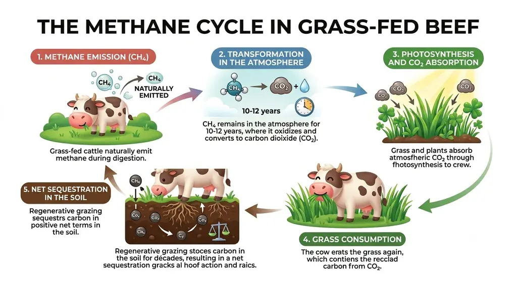 Circular five-step infographic titled «The methane cycle in grass-fed beef». One, methane emission: grass-fed cattle naturally emit methane (CH₄) during digestion. Two, transformation in the atmosphere: CH₄ remains in the atmosphere for 10 to 12 years, where it oxidises into carbon dioxide (CO₂) and water. Three, photosynthesis and CO₂ absorption: grass and plants absorb atmospheric CO₂ through photosynthesis to grow. Four, grass consumption: the cow eats the grass again, which contains the recycled carbon from that CO₂. Five, net sequestration in the soil: regenerative grazing stores carbon in the soil for decades through hoof action and roots, with a positive net balance.