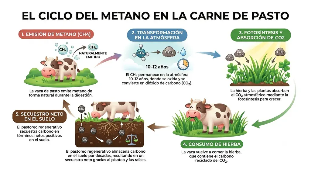 Infografía circular en cinco pasos titulada «El ciclo del metano en la carne de pasto». Uno, emisión de metano: la vaca de pasto emite metano (CH₄) de forma natural durante la digestión. Dos, transformación en la atmósfera: el CH₄ permanece en la atmósfera entre 10 y 12 años, donde se oxida y se convierte en dióxido de carbono (CO₂) y agua. Tres, fotosíntesis y absorción de CO₂: la hierba y las plantas absorben el CO₂ atmosférico mediante la fotosíntesis para crecer. Cuatro, consumo de hierba: la vaca vuelve a comer la hierba, que contiene el carbono reciclado del CO₂. Cinco, secuestro neto en el suelo: el pastoreo regenerativo almacena carbono en el suelo durante décadas gracias al pisoteo y las raíces, con un balance neto positivo.