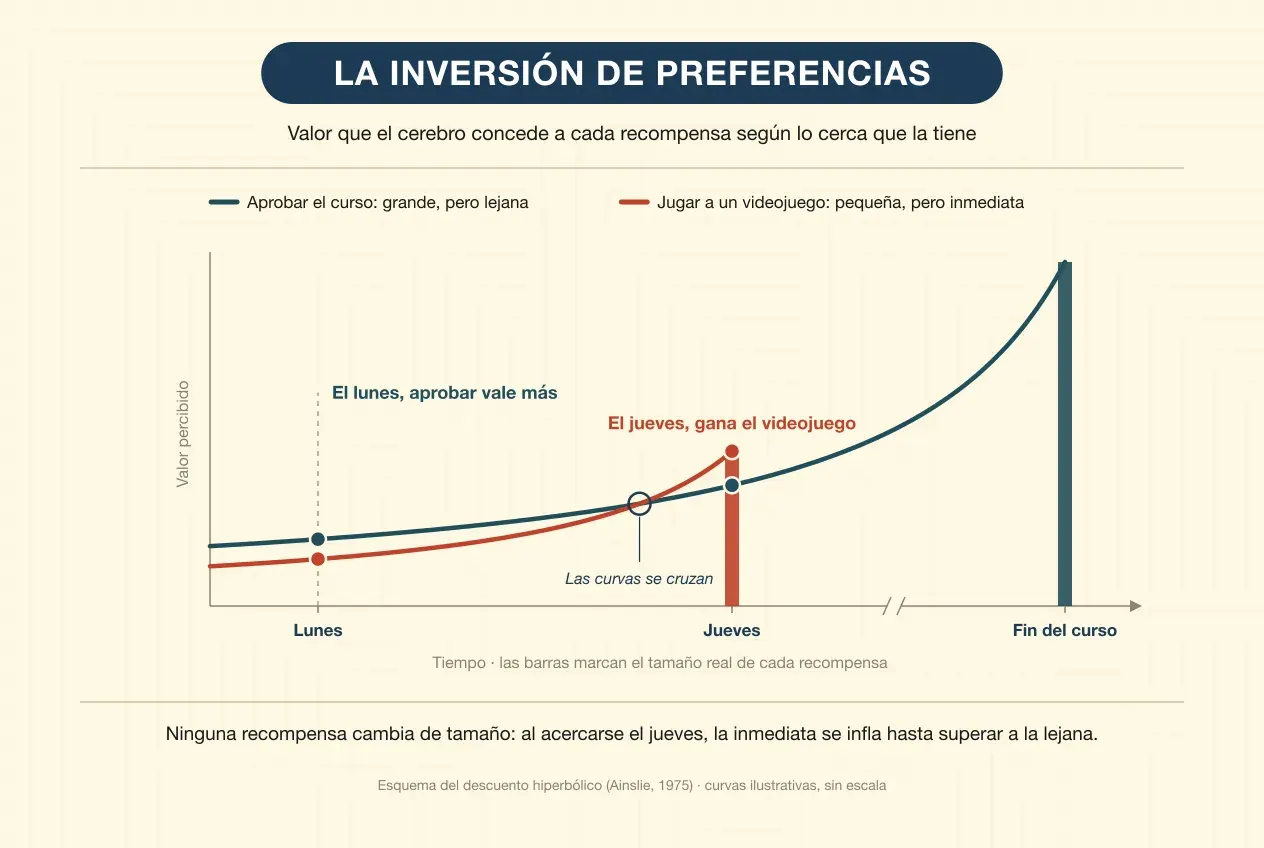 Gráfica de la inversión de preferencias. En el eje horizontal, el tiempo: lunes, jueves y fin del curso, con un corte que comprime el tramo final; en el vertical, el valor percibido. Dos barras marcan el tamaño real de cada recompensa: la de aprobar el curso, alta y al final, y la de jugar a un videojuego, más baja y el jueves. De cada barra sale hacia la izquierda una curva con el valor que esa recompensa tiene vista desde antes. El lunes, la curva de aprobar está por encima; poco antes del jueves las curvas se cruzan, y el jueves la del videojuego queda por encima. Ninguna recompensa cambia de tamaño: al acercarse el jueves, la inmediata se infla hasta superar a la lejana.