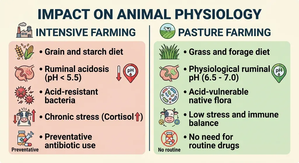 Comparative infographic titled «Impact on animal physiology», split into two columns. On the left, intensive farming: grain and starch diet; ruminal acidosis with a pH below 5.5; acid-resistant bacteria; chronic stress with raised cortisol; preventative antibiotic use. On the right, pasture farming: grass and forage diet; physiological ruminal pH between 6.5 and 7.0; acid-vulnerable native flora; low stress and immune balance; no need for routine drugs.