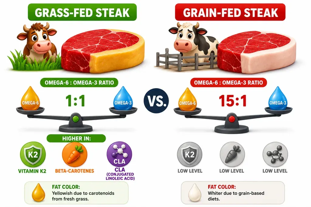 Comparative infographic of two steaks. On the left, grass-fed steak, next to a cow on grass: Omega-6:Omega-3 ratio of 1:1, shown as a balanced scale; higher in vitamin K2, beta-carotenes and CLA (conjugated linoleic acid); fat colour yellowish due to carotenoids from fresh grass. On the right, grain-fed steak, next to a cow behind a fence: Omega-6:Omega-3 ratio of 15:1, with the scale tipped towards Omega-6; low level of those same three nutrients; fat colour whiter due to grain-based diets.