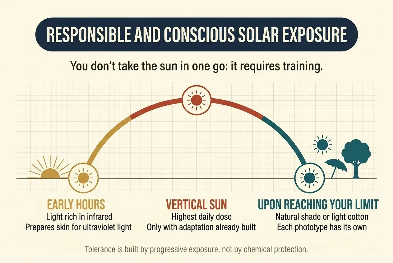 An arc representing the sun's path across the day on a cream background. At the far left, a rising sun and an ochre circle labelled «early hours»; at the top of the arc, a red circle labelled «vertical sun»; on the right, already descending, a teal circle labelled «upon reaching your limit», beside the silhouette of a parasol and a tree. The arc changes colour by stretch: ochre on the way up, red at the top and teal on the way down.