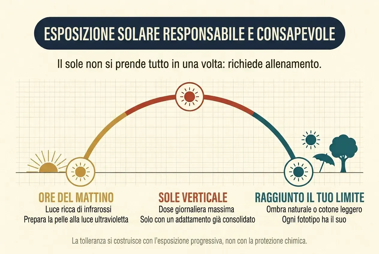 Un arco che rappresenta il percorso del sole nell'arco della giornata su fondo crema. All'estrema sinistra, un sole che sorge e un cerchio ocra con l'etichetta «ore del mattino»; in cima all'arco, un cerchio rosso con l'etichetta «sole verticale»; a destra, già in discesa, un cerchio blu-verde con l'etichetta «raggiunto il tuo limite», accanto alla sagoma di un ombrellone e di un albero. L'arco cambia colore per tratti: ocra in salita, rosso in cima e blu-verde in discesa.