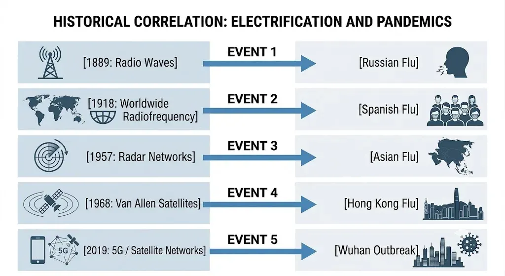Timeline pairing five technological leaps with five pandemics: 1889, radio waves, with the Russian flu; 1918, worldwide radiofrequency, with the Spanish flu; 1957, radar networks, with the Asian flu; 1968, Van Allen satellites, with the Hong Kong flu; and 2019, 5G and satellite networks, with the Wuhan outbreak.