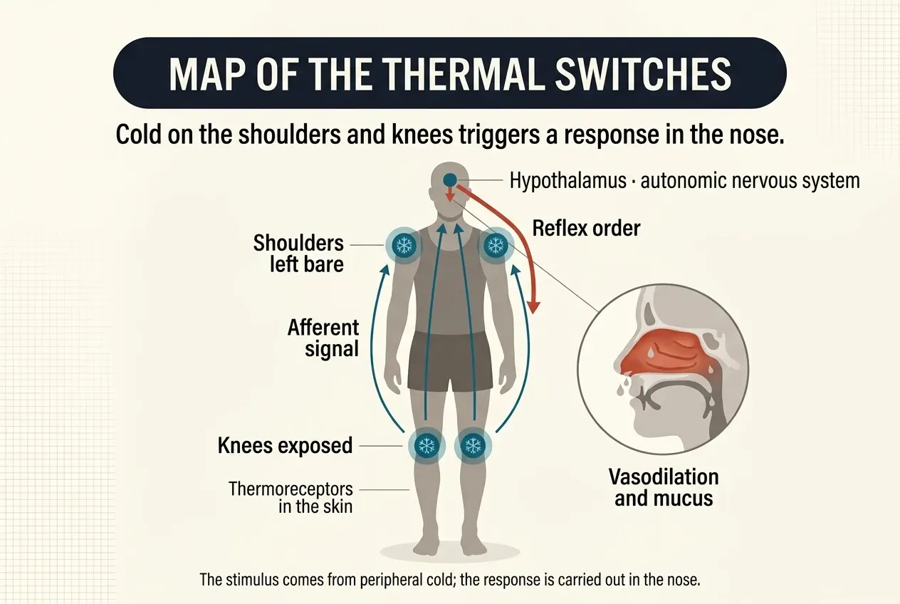 A body map of the thermal triggers. A human figure in shorts and a vest top has both shoulders and both knees marked in blue with snowflake icons, labelled as thermoreceptors in the skin. Four blue arrows rise from those areas up through the body to the hypothalamus in the head. From there a red arrow runs down to the nose, where a circular inset shows a side view of the head with the nasal mucosa inflamed and dripping mucus.