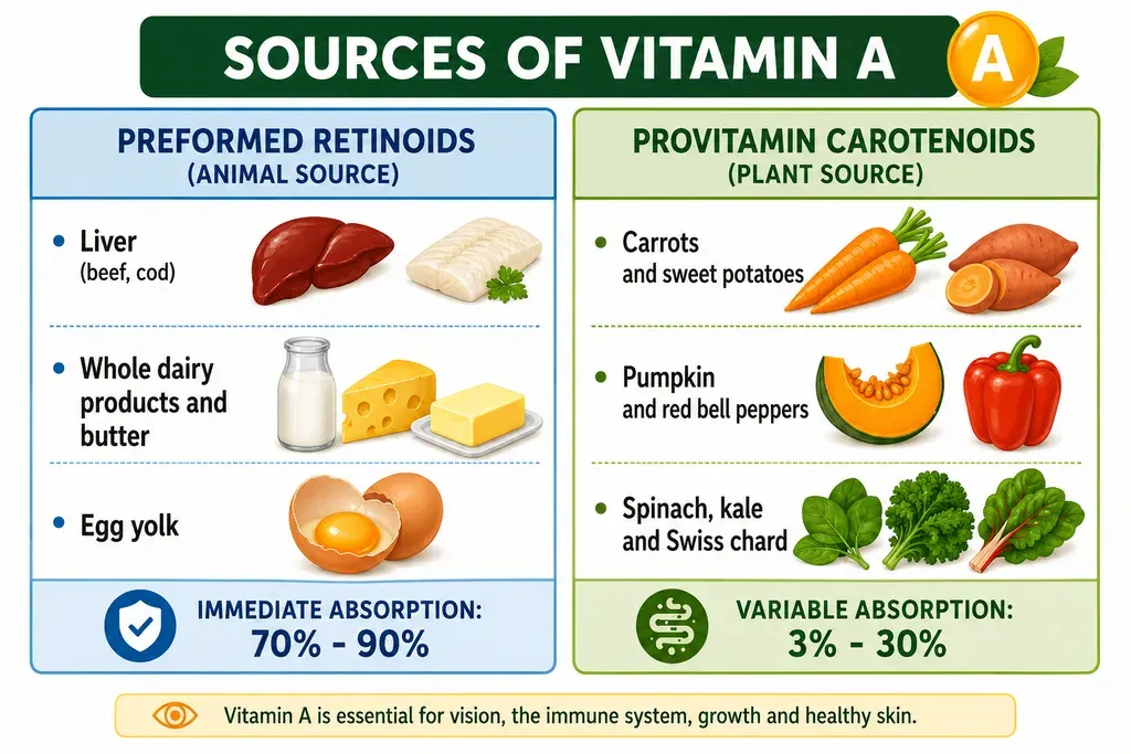 A comparison of the two sources of vitamin A. On the left, preformed retinoids of animal origin (beef and cod liver, whole dairy and butter, egg yolk), with immediate absorption of 70 % to 90 %. On the right, provitamin carotenoids of plant origin (carrots and sweet potatoes, pumpkin and red peppers, spinach, kale and chard), with variable absorption of 3 % to 30 %.