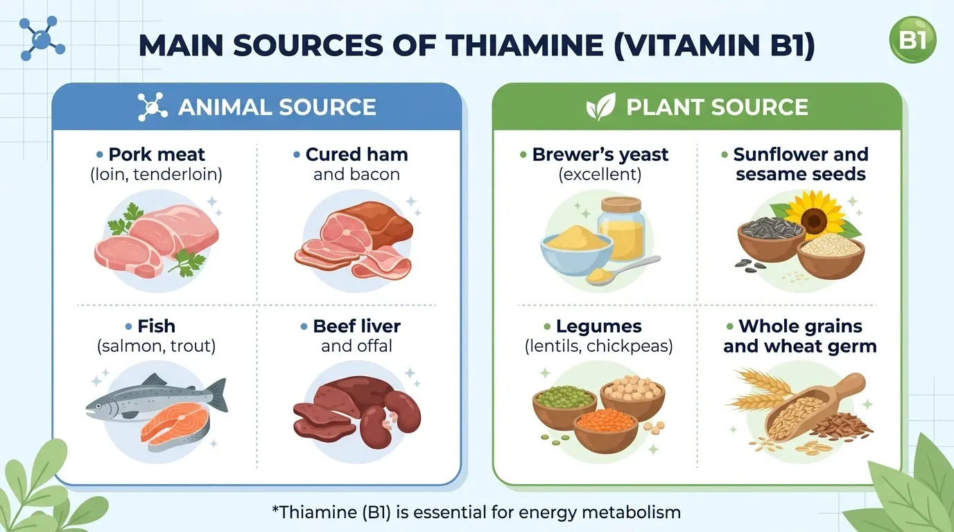 Comparison chart of the main sources of thiamine, or vitamin B1, split into two columns. Animal source: pork meat (loin, tenderloin), cured ham and bacon, fish (salmon, trout), and beef liver and offal. Plant source: brewer's yeast (excellent), sunflower and sesame seeds, legumes (lentils, chickpeas), and whole grains and wheat germ. Footnote: thiamine (B1) is essential for energy metabolism.