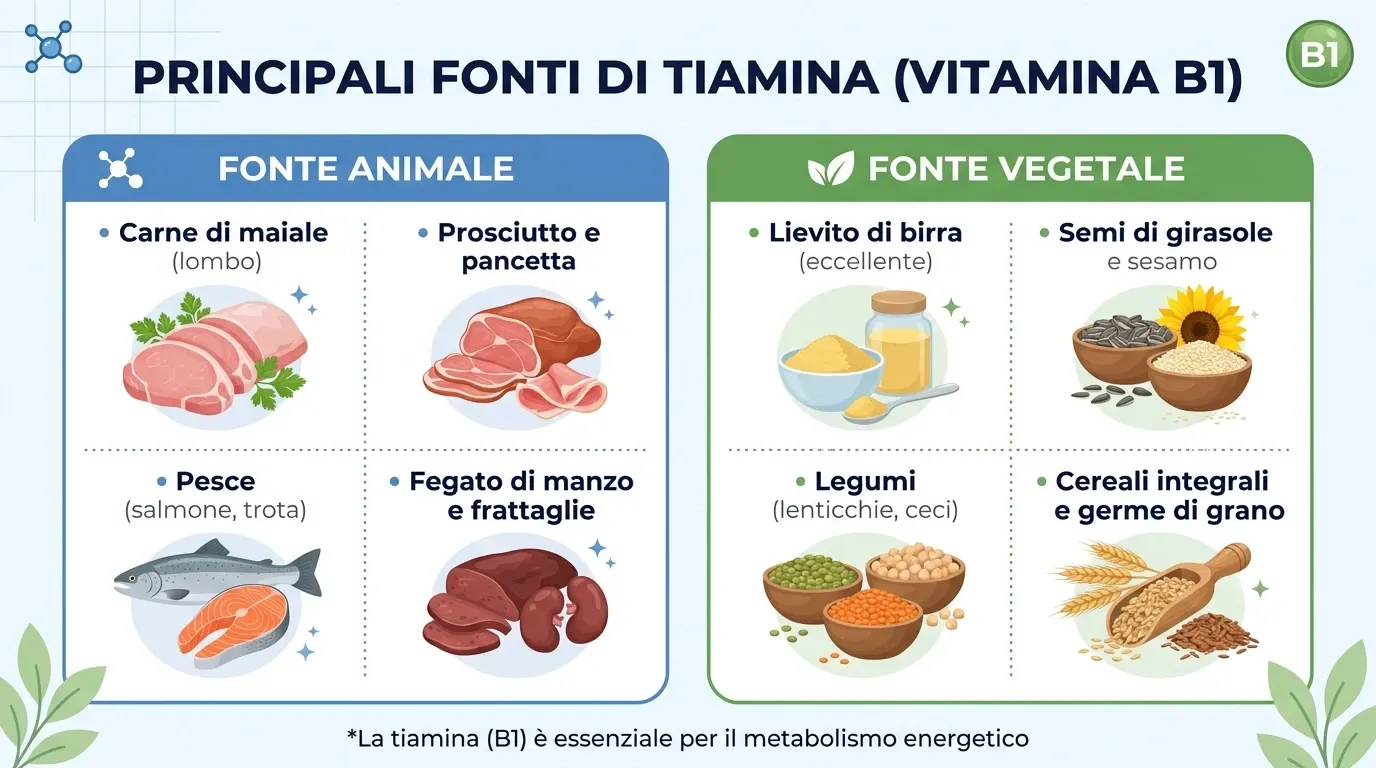 Schema comparativo delle principali fonti di tiamina, o vitamina B1, diviso in due colonne. Fonte animale: carne di maiale (lombo), prosciutto e pancetta, pesce (salmone, trota), e fegato di manzo e frattaglie. Fonte vegetale: lievito di birra (eccellente), semi di girasole e sesamo, legumi (lenticchie, ceci), e cereali integrali e germe di grano. In calce: la tiamina (B1) è essenziale per il metabolismo energetico.