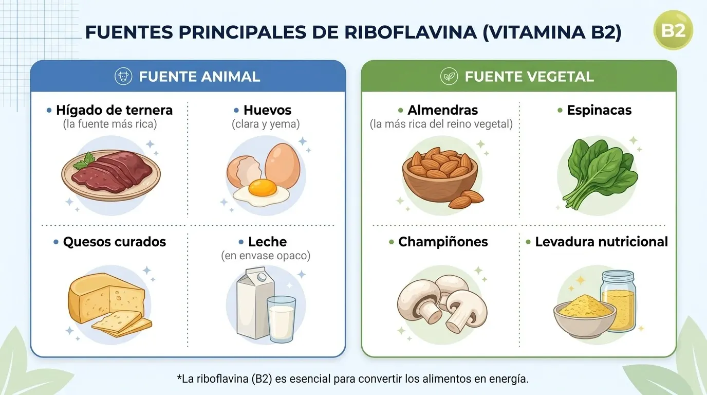Cuadro comparativo de las fuentes principales de riboflavina o vitamina B2, dividido en dos columnas. Fuente animal: hígado de ternera (la fuente más rica), huevos (clara y yema), quesos curados, y leche (en envase opaco). Fuente vegetal: almendras (la más rica del reino vegetal), espinacas, champiñones, y levadura nutricional. Al pie: la riboflavina (B2) es esencial para convertir los alimentos en energía.