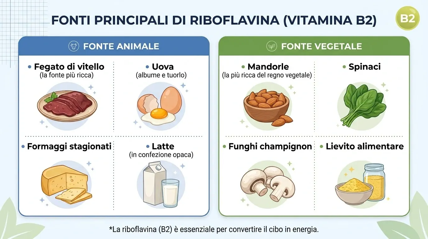 Schema comparativo delle principali fonti di riboflavina, o vitamina B2, diviso in due colonne. Fonte animale: fegato di vitello (la fonte più ricca), uova (albume e tuorlo), formaggi stagionati, e latte (in confezione opaca). Fonte vegetale: mandorle (la più ricca del regno vegetale), spinaci, funghi champignon, e lievito alimentare. In calce: la riboflavina (B2) è essenziale per convertire il cibo in energia.