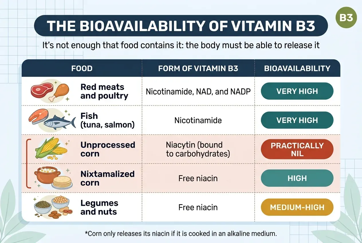 A table titled «The bioavailability of vitamin B3», subtitled «It's not enough that food contains it: the body must be able to release it». Three columns: food, form of vitamin B3 and bioavailability. Red meats and poultry supply nicotinamide, NAD and NADP, with very high bioavailability. Fish, tuna and salmon, supply nicotinamide, also very high. Unprocessed maize contains niacytin bound to carbohydrates, with practically nil bioavailability. Nixtamalised maize contains free niacin, with high bioavailability; the two maize rows are bracketed together to mark them as the same food before and after treatment. Pulses and nuts contain free niacin, with medium-high bioavailability. At the foot: maize only releases its niacin when cooked in an alkaline medium.